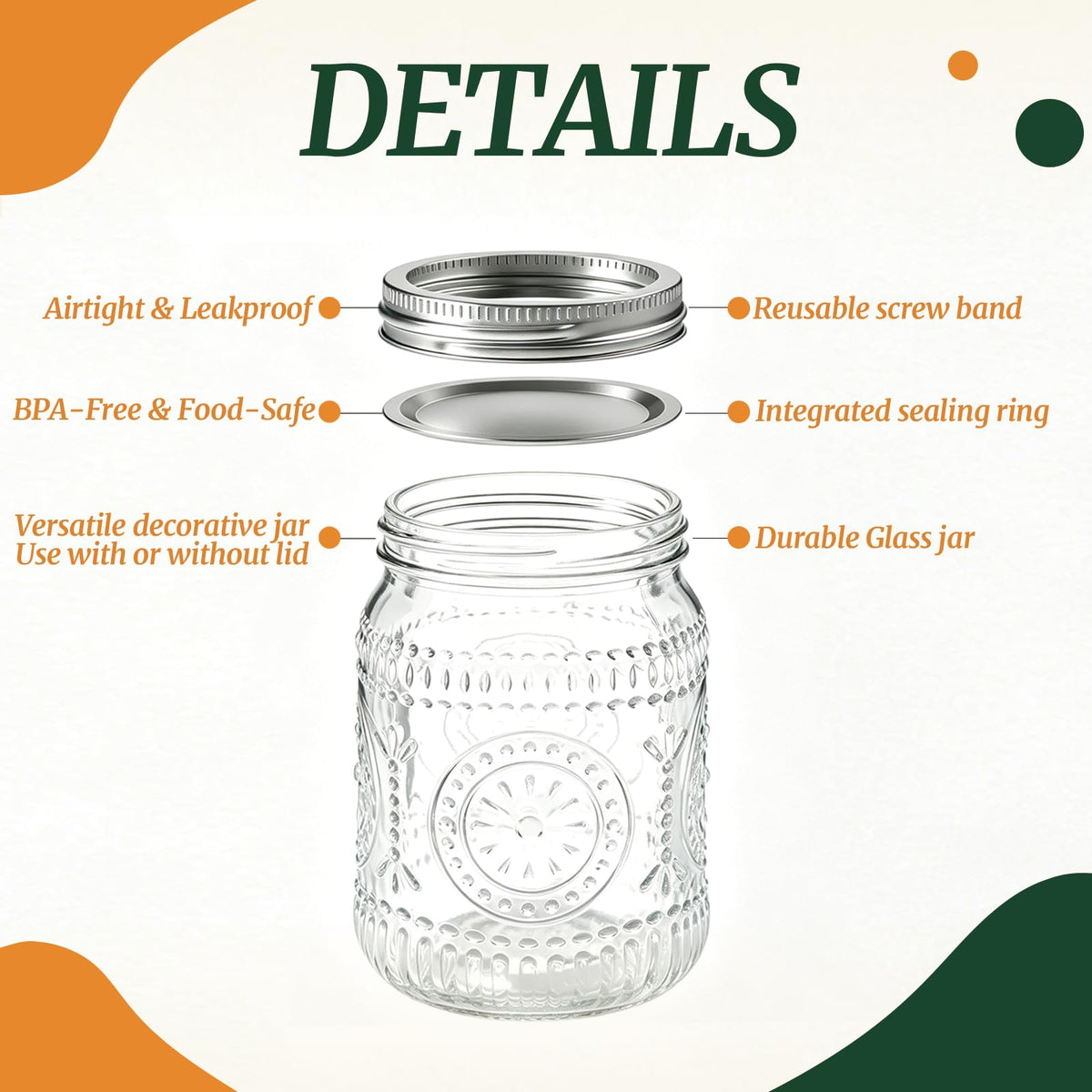 6-Pack Glass Mason Jars 16 oz Wide Mouth Canning Jars R9244