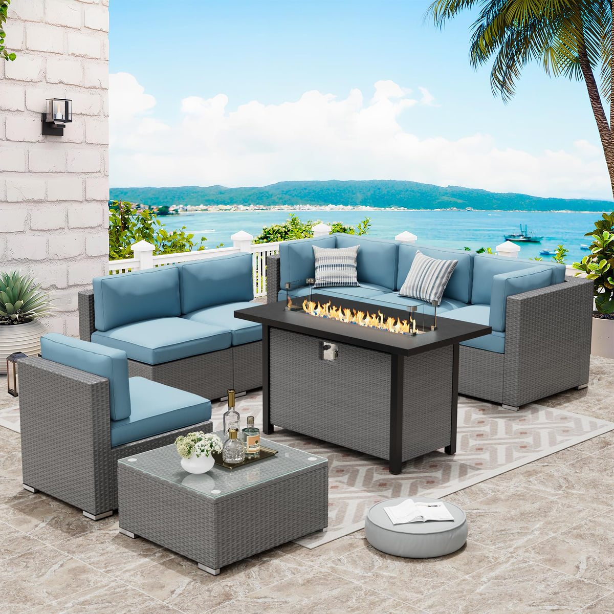8 Piece Grey PE Wicker Patio Sectional Sofa Set with Fire Pit Table U726281