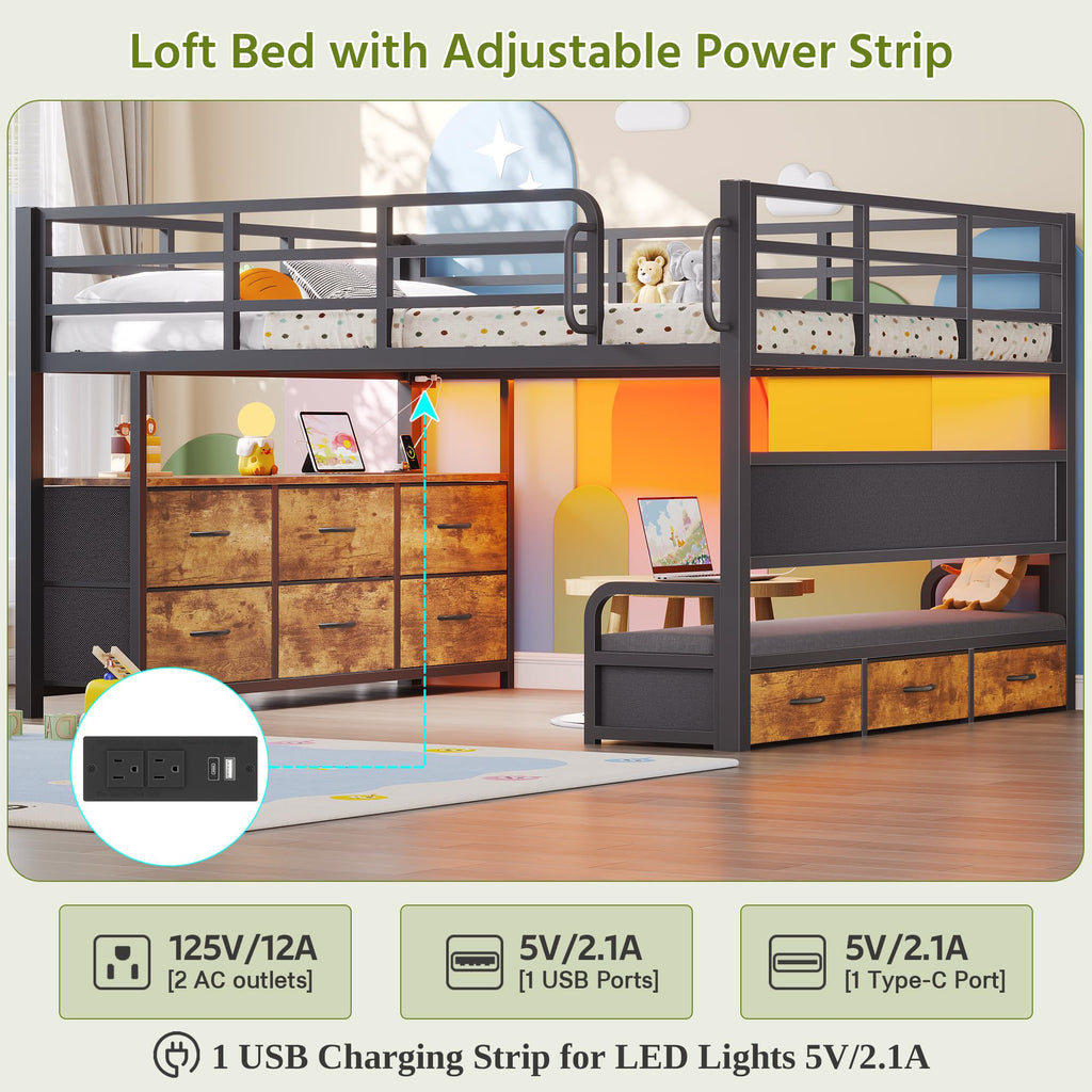 Full Size Low Loft Bed with Desk and 9 Storage Drawers L75476