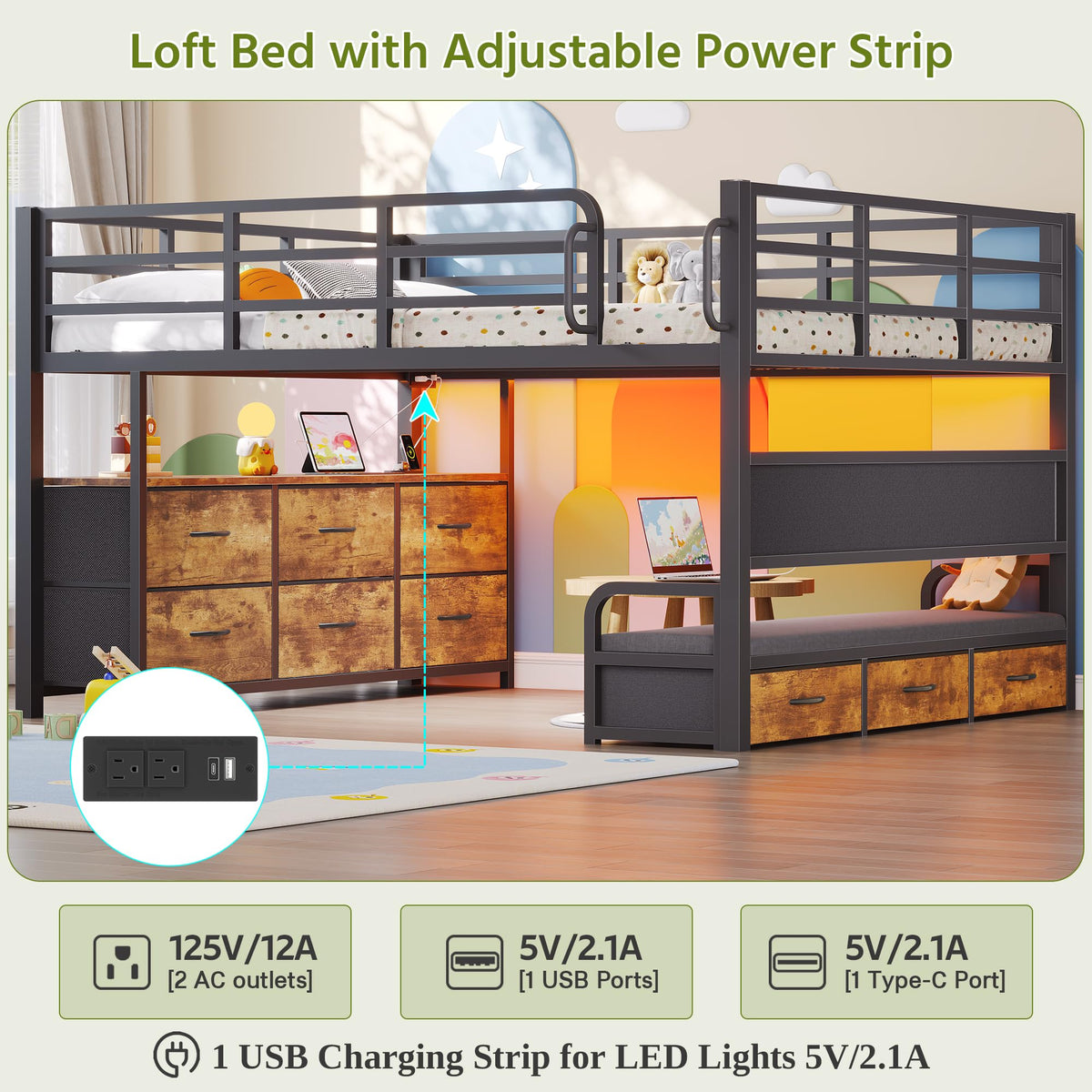Full Size Low Loft Bed with Desk and 9 Storage Drawers L75476