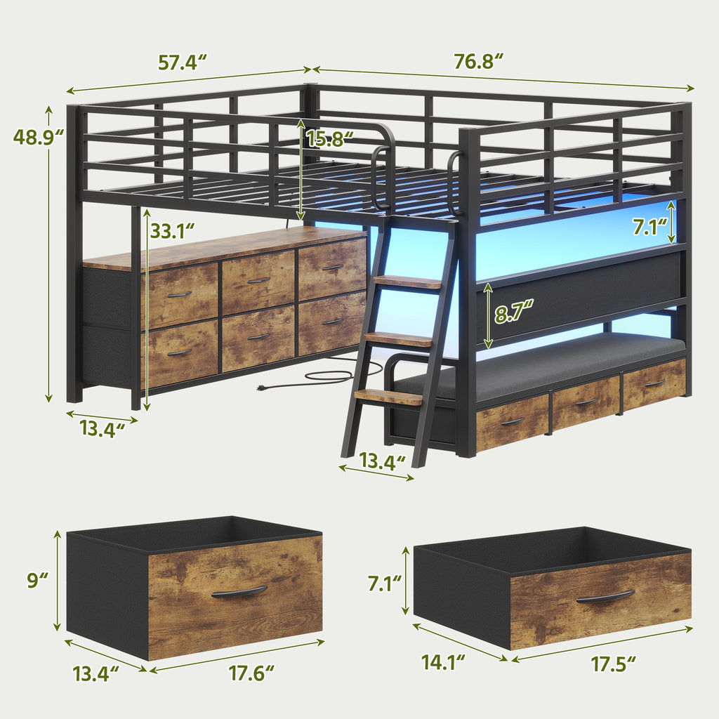 Full Size Low Loft Bed with Desk and 9 Storage Drawers L75476