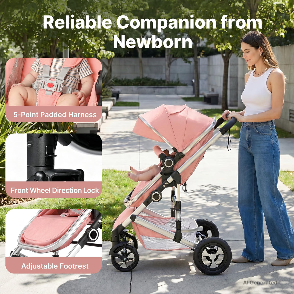 2-in-1 Foldable Stroller with Reversible Seat, Pink T7245