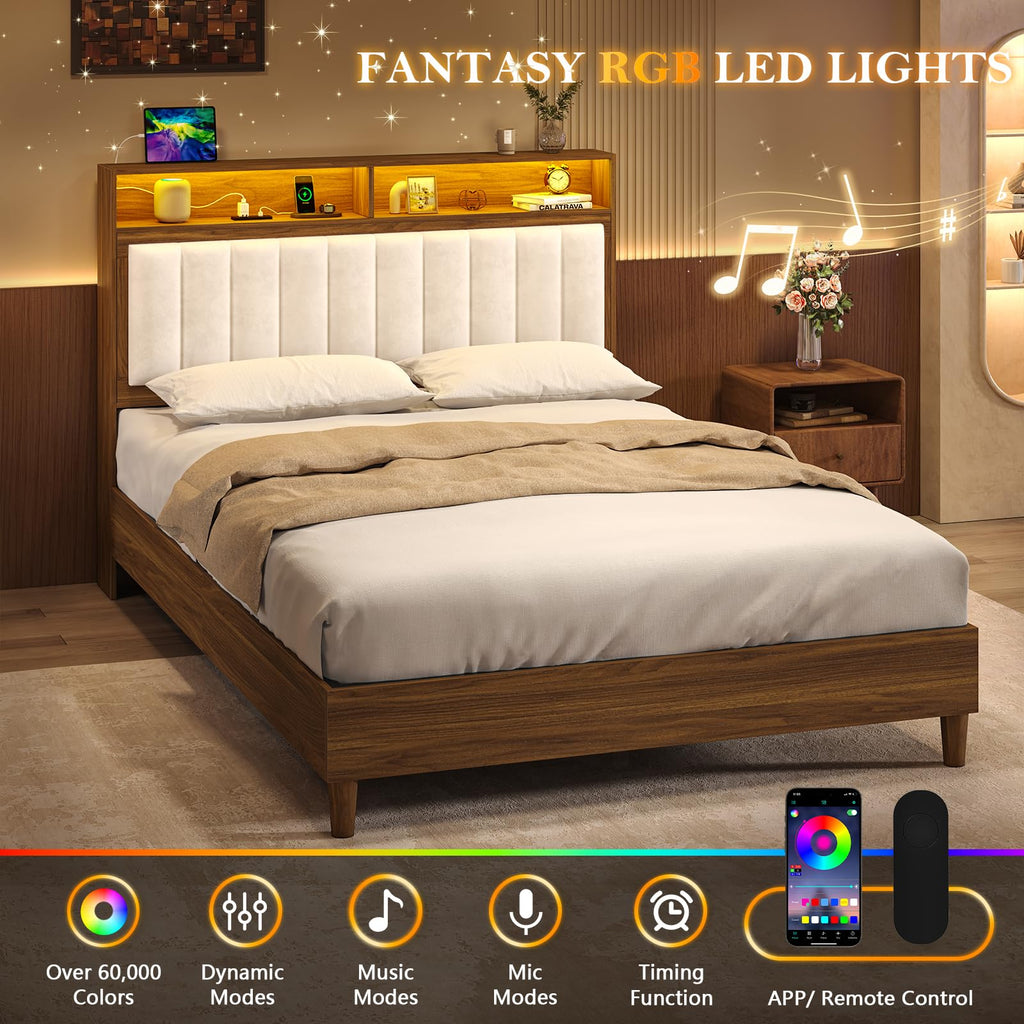 Wood Full Size Bed Frame with Charging Station & LED Lights T83722