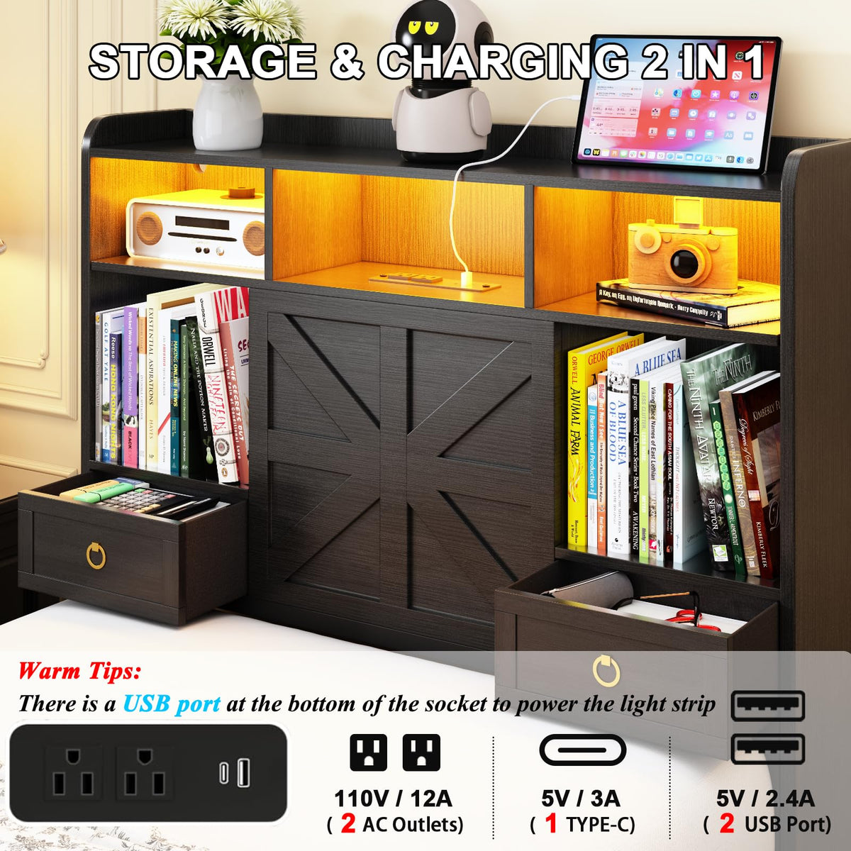 Black Twin Bed Frame with Storage Headboard and Drawers C520