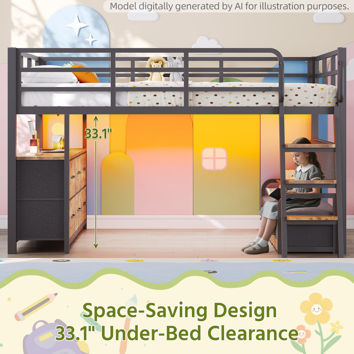 Full Size Low Loft Bed with Desk and 9 Storage Drawers L75476
