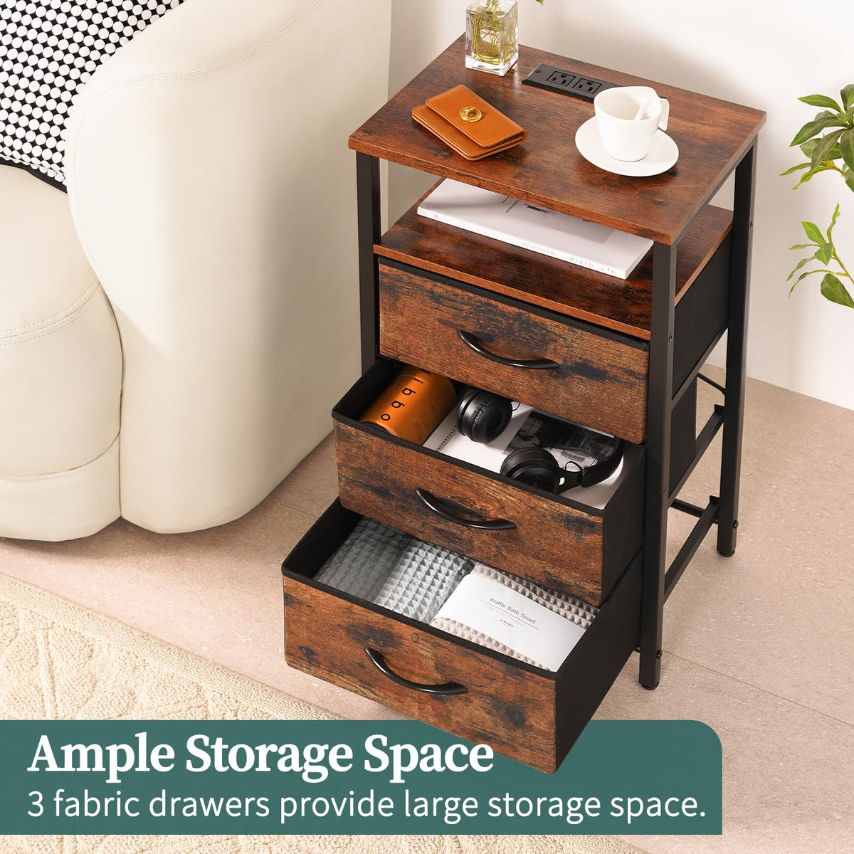 Red Brown Nightstand with Charging Station D67443
