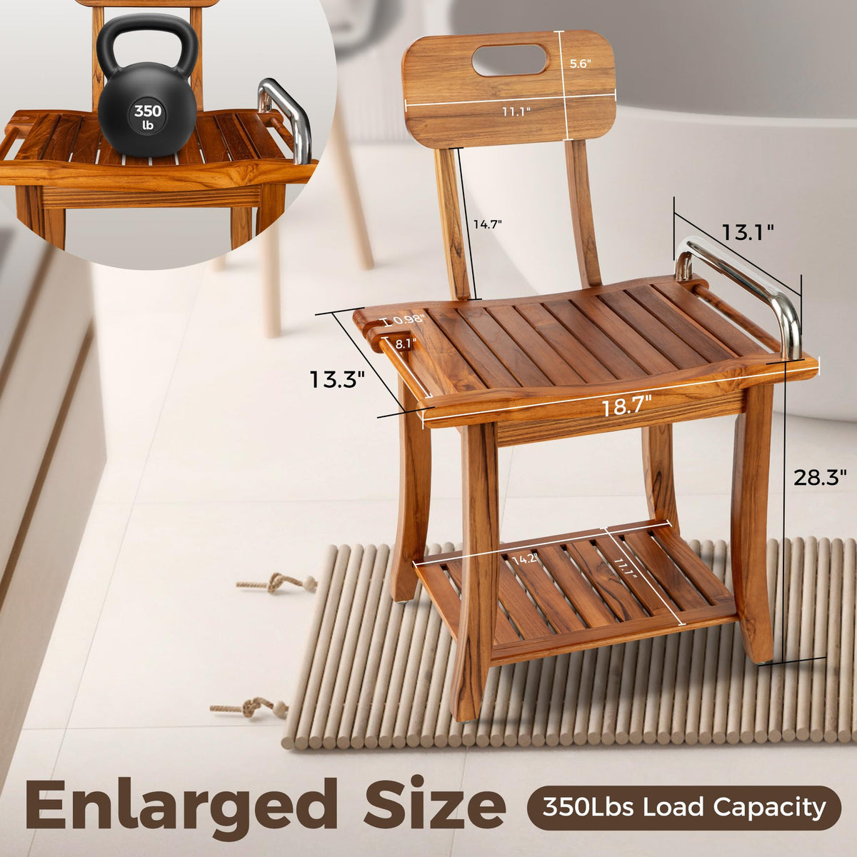 Teak Shower Bench with Handles and Backrest L500