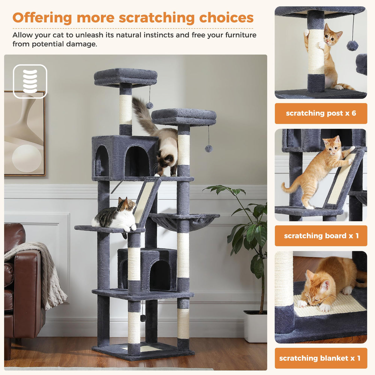 70 Inches Tall Dark Gray Cat Tree with 2 Condos W121