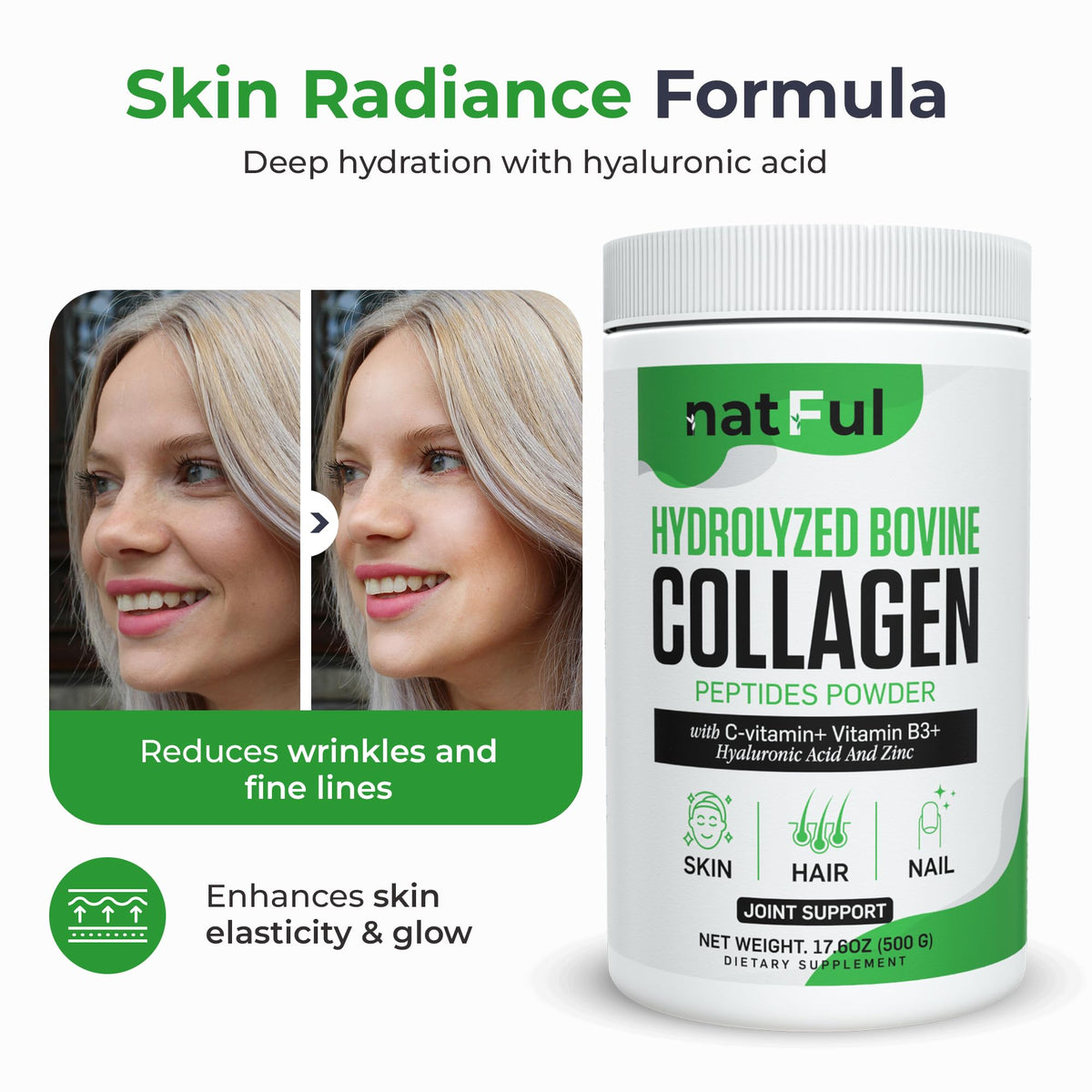 Hydrolyzed Bovine Collagen Peptides Powder with Vitamin C, Hyaluronic Acid, Zinc & B3 O7197