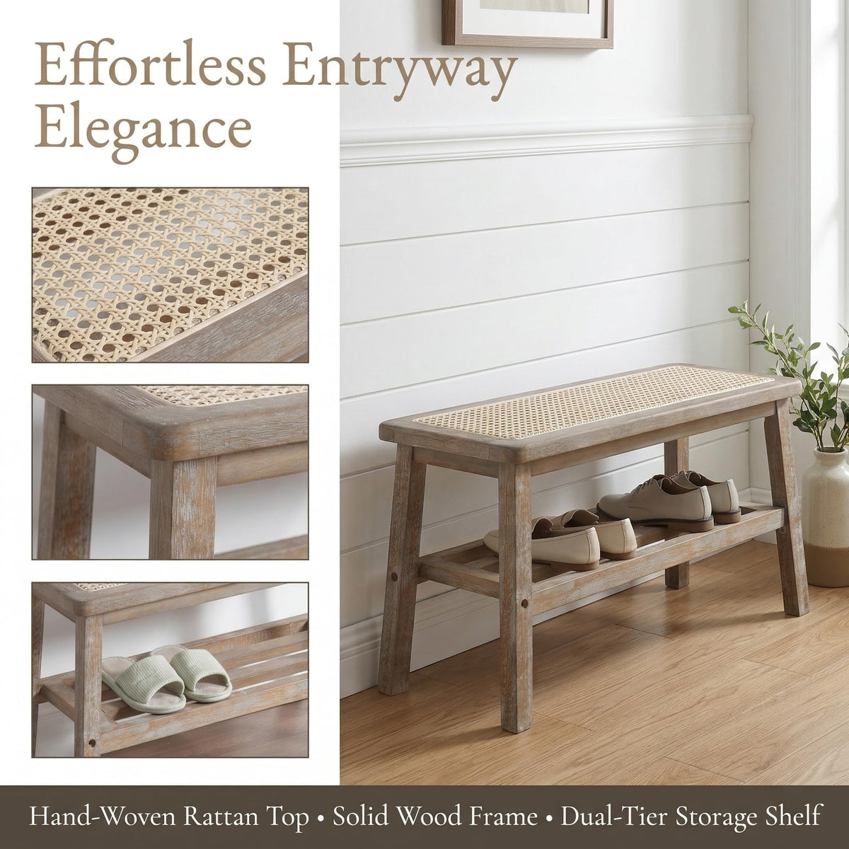 30 Inch Rattan Wooden Entryway Bench with Shoe Rack G227