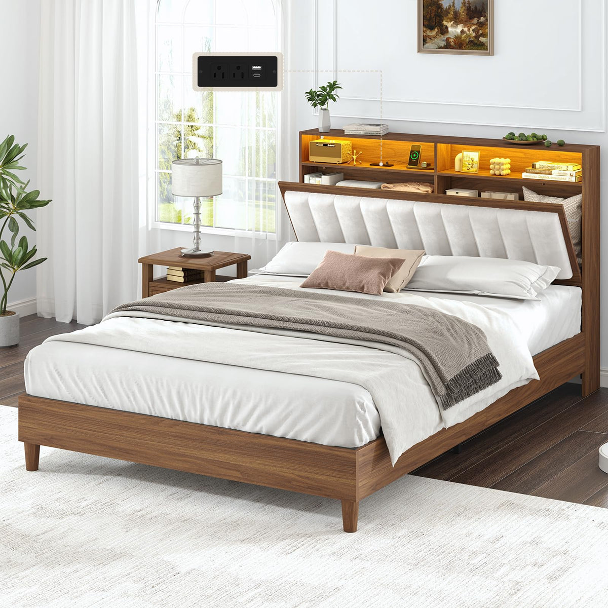 Wood Full Size Bed Frame with Charging Station & LED Lights T83722