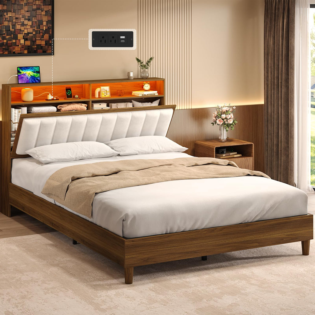 Wood Full Size Bed Frame with Charging Station & LED Lights T83722