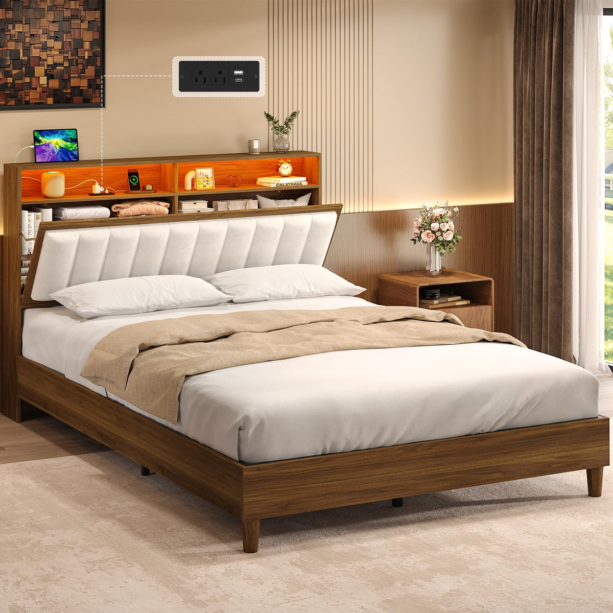 Wood Full Size Bed Frame with Charging Station & LED Lights T83722
