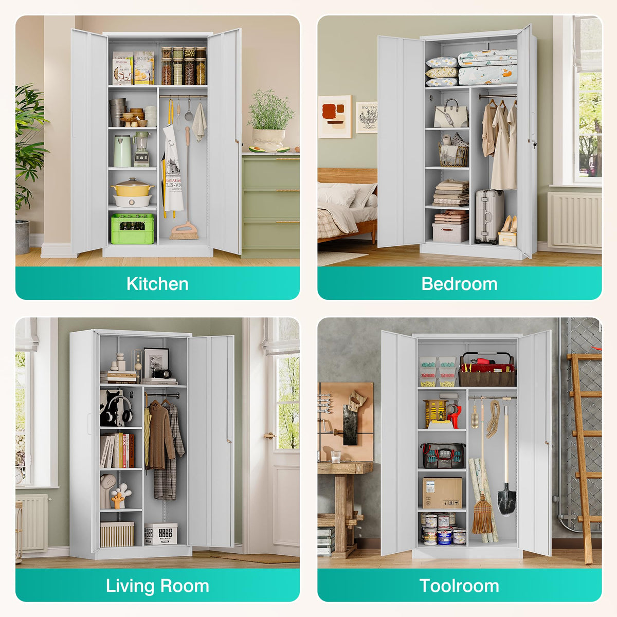 White Metal Storage Cabinet with Hanging Rod and Lock W329786