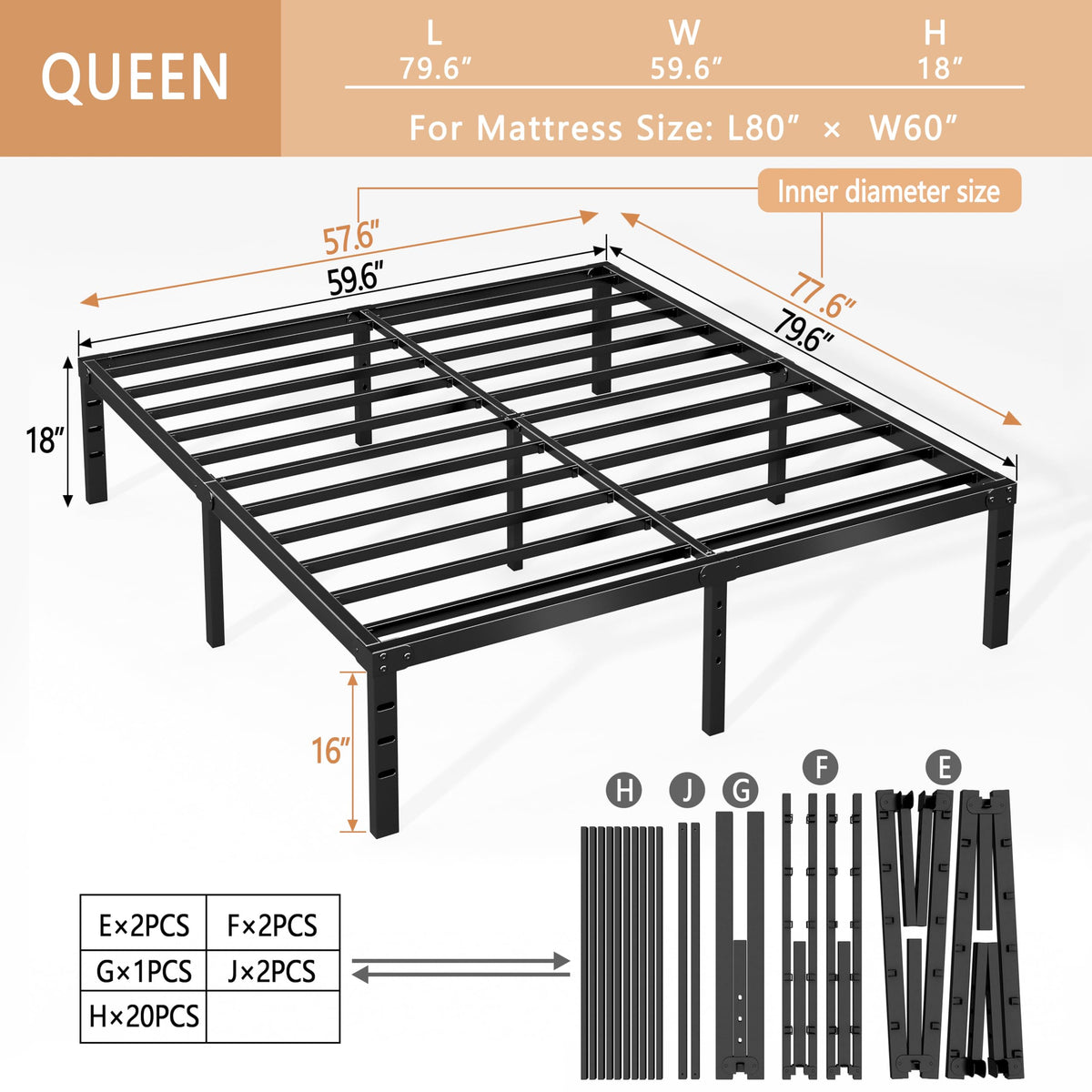 Queen Size 18 Inch Metal Bed Frame L193785
