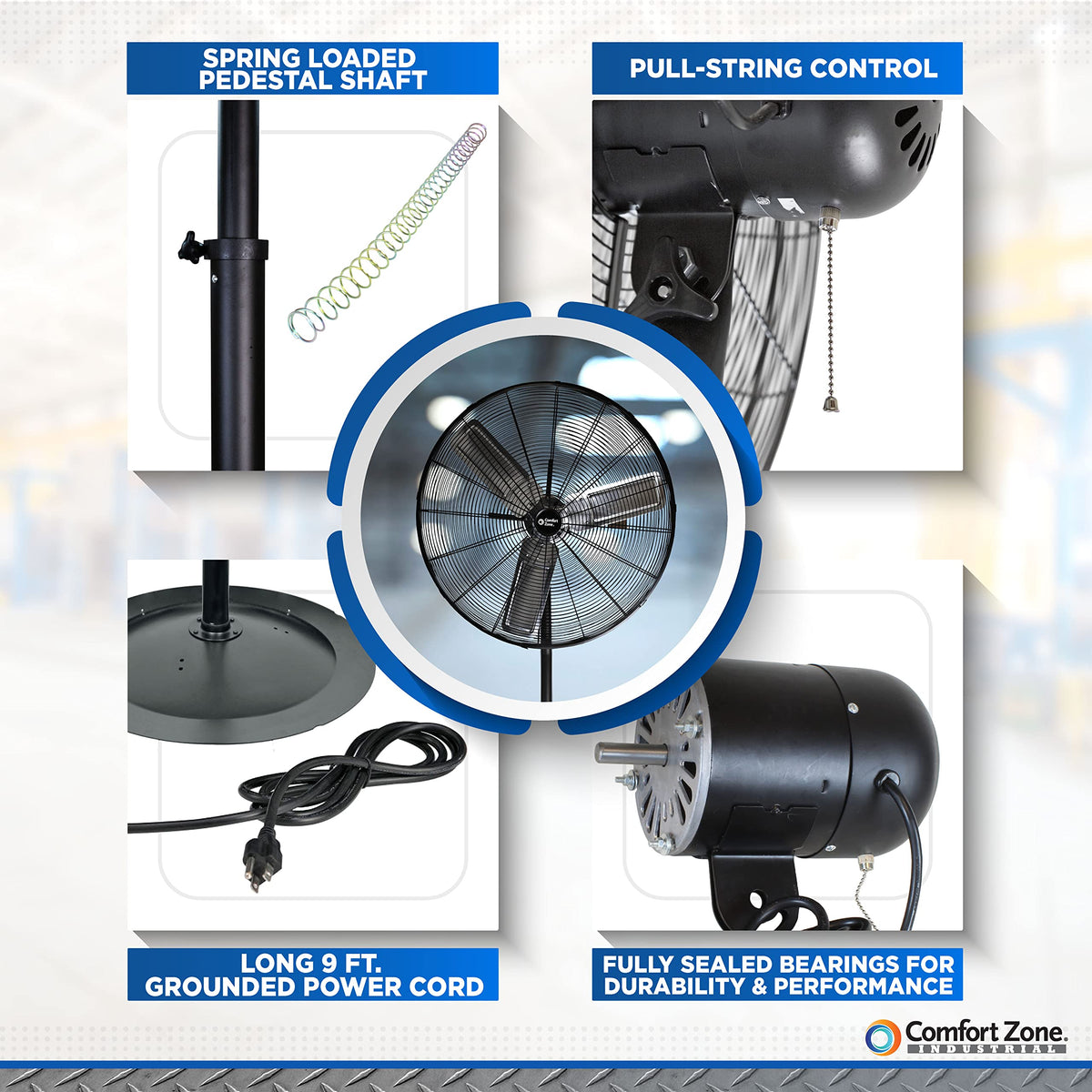 Industrial Pedestal Fan, 30 inch, 3 Speed, Adjustable Height, Metal C5835