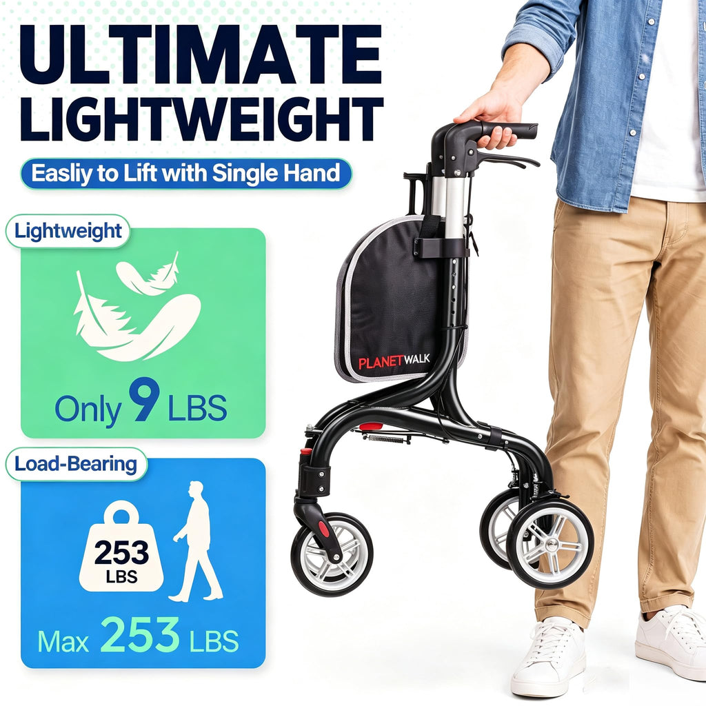 Super Lightweight 3 Wheel Foldable Aluminum Walker with Cup Holder, Black U995123
