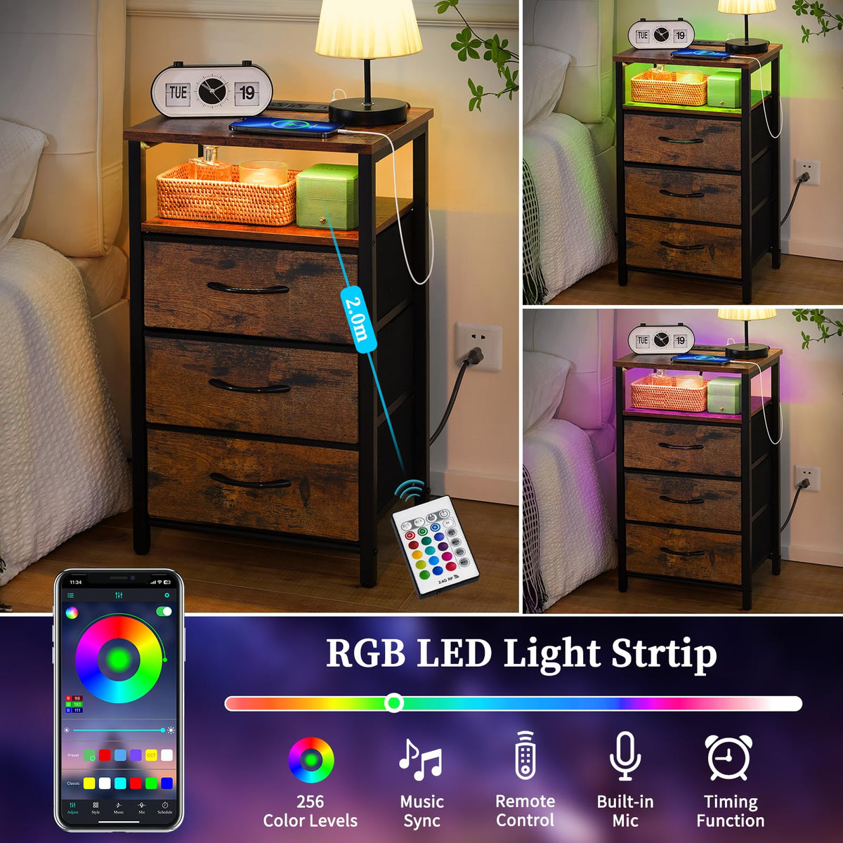 Red Brown Nightstand with Charging Station D67443
