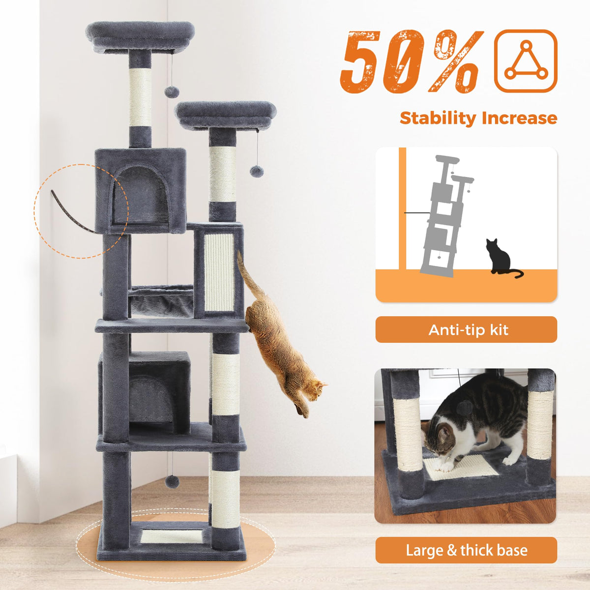 70 Inches Tall Dark Gray Cat Tree with 2 Condos W121