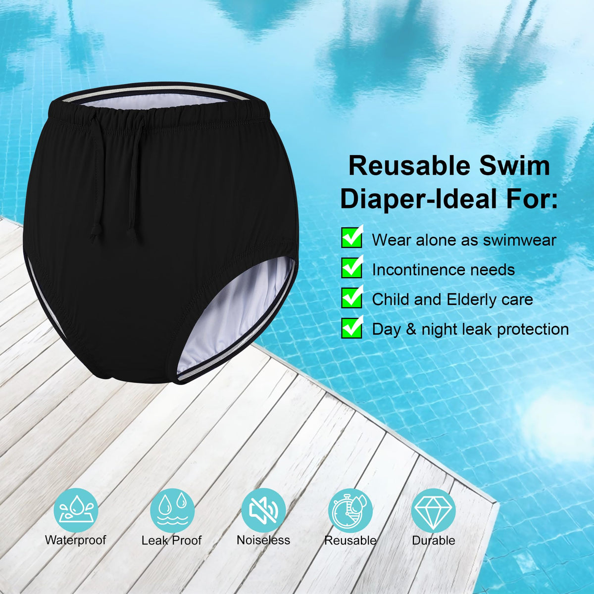 Reusable Waterproof Leakproof Swim Diaper Black 10-12Years W40277