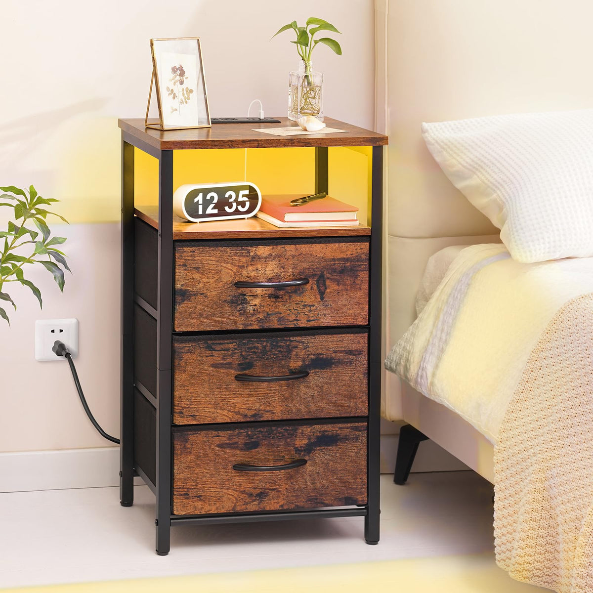 Red Brown Nightstand with Charging Station D67443