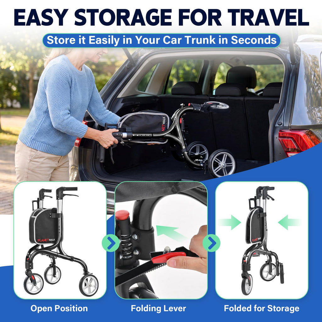 Super Lightweight 3 Wheel Foldable Aluminum Walker with Cup Holder, Black U995123