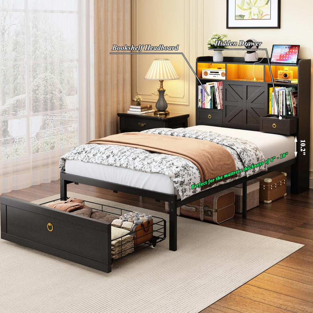 Black Twin Bed Frame with Storage Headboard and Drawers C520