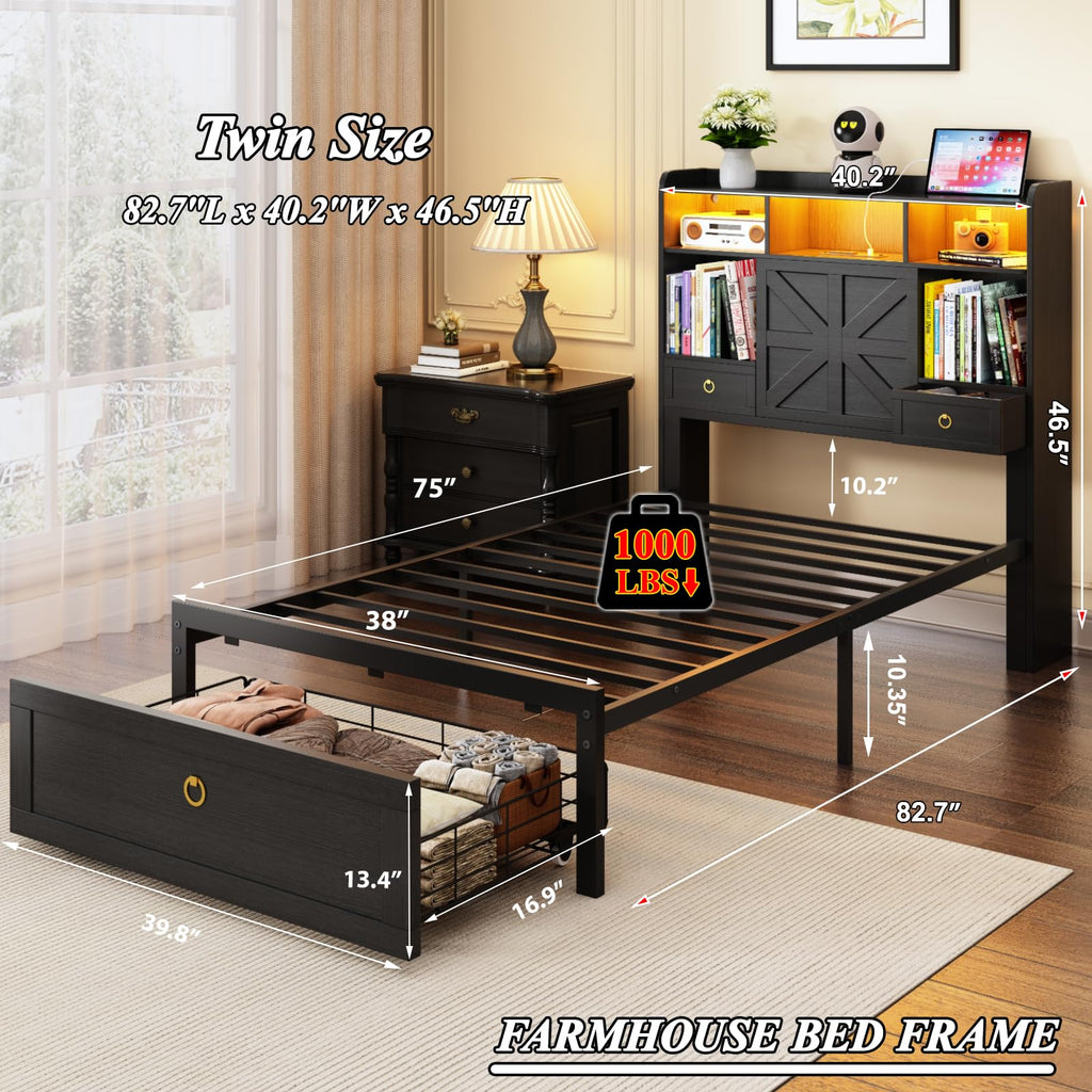 Black Twin Bed Frame with Storage Headboard and Drawers C520