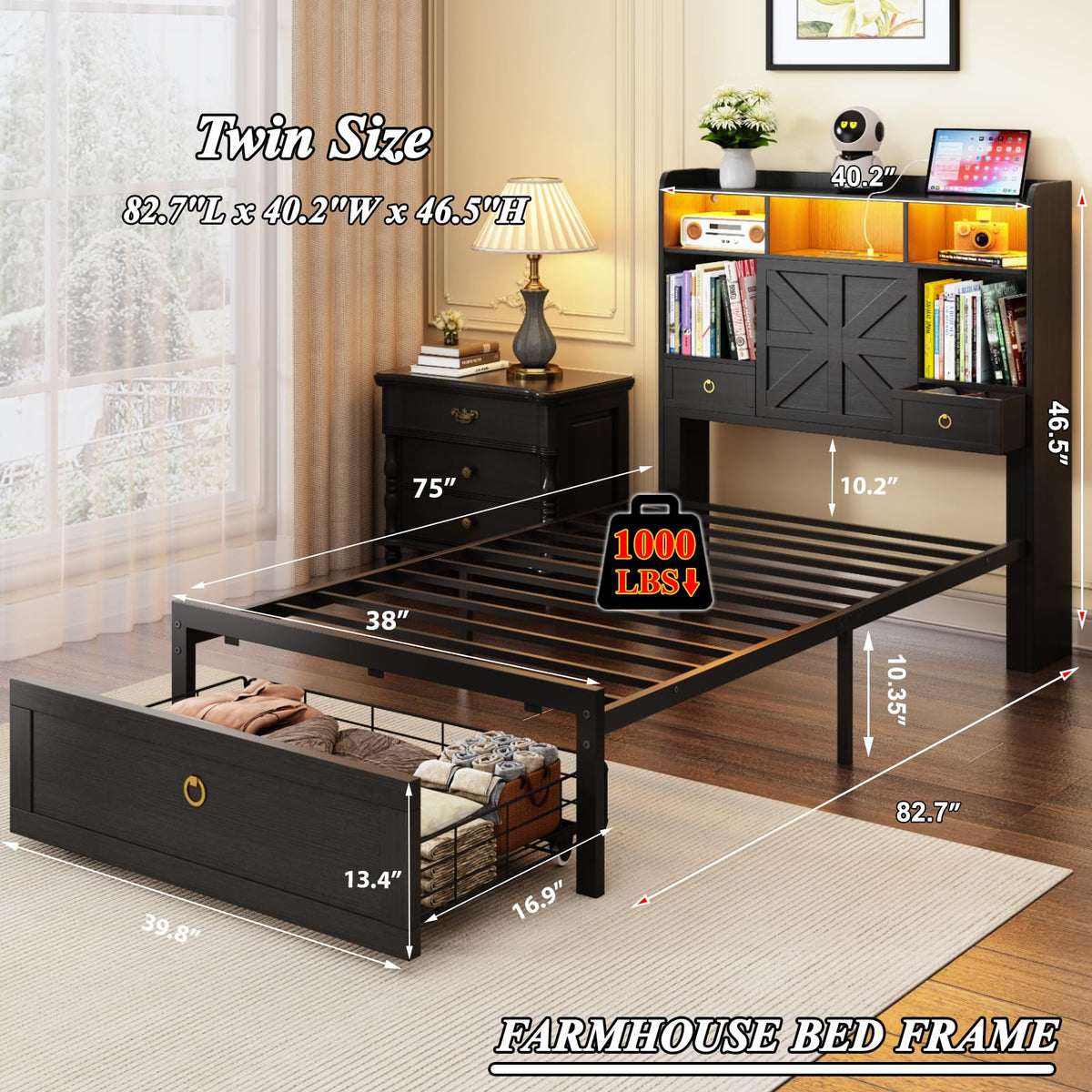 Black Twin Bed Frame with Storage Headboard and Drawers C520