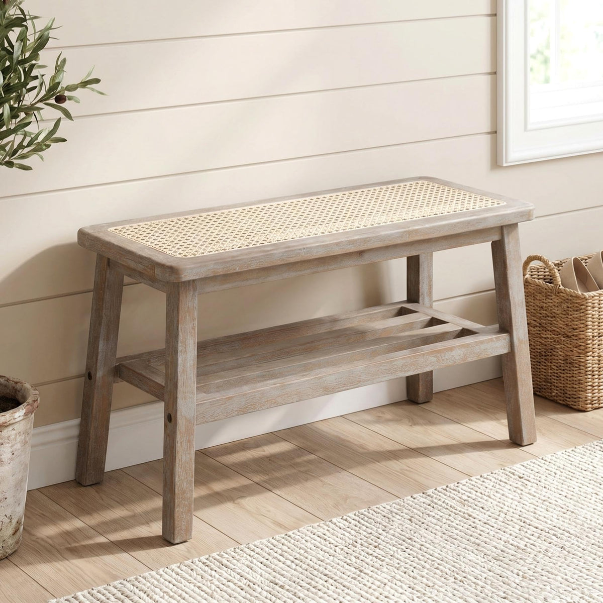 30 Inch Rattan Wooden Entryway Bench with Shoe Rack G227