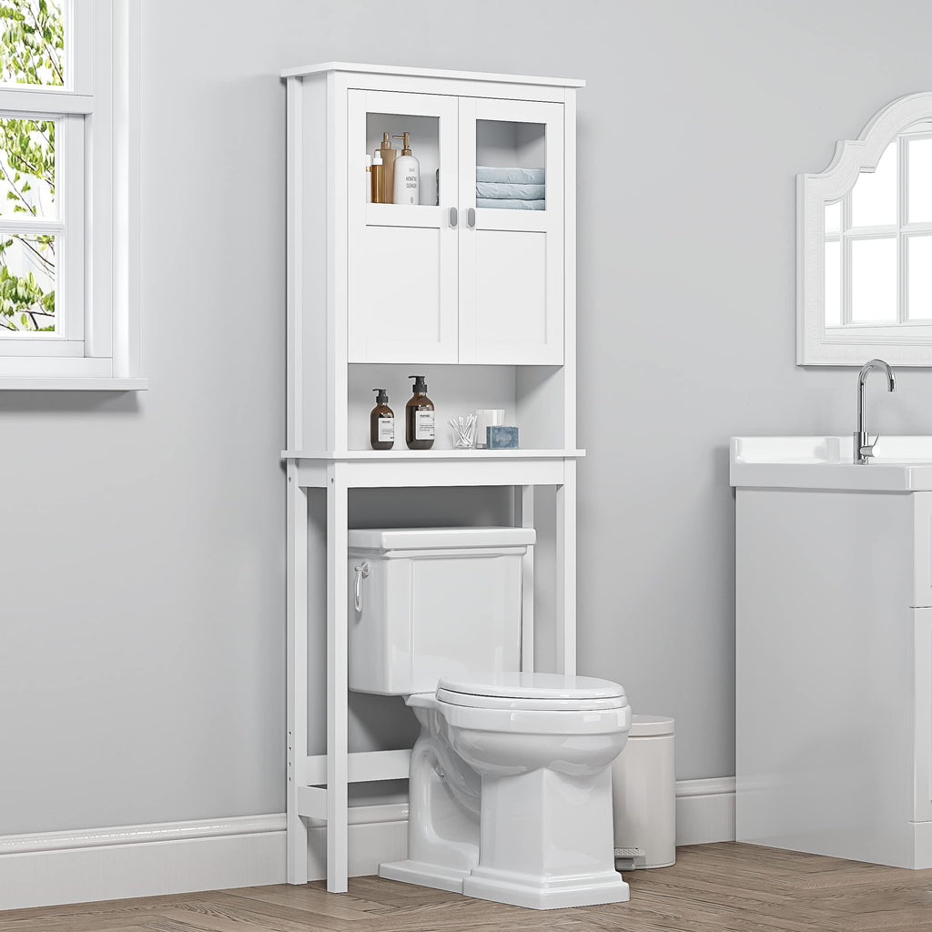 White Over the Toilet Storage Cabinet with Glass Doors G455460