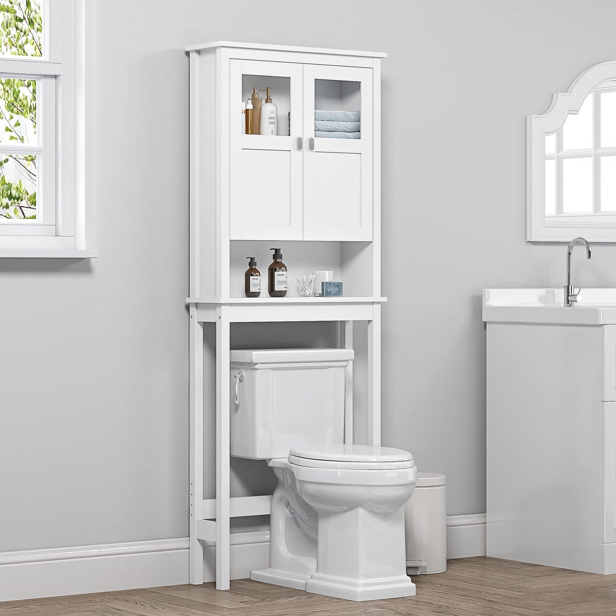 White Over the Toilet Storage Cabinet with Glass Doors G455460