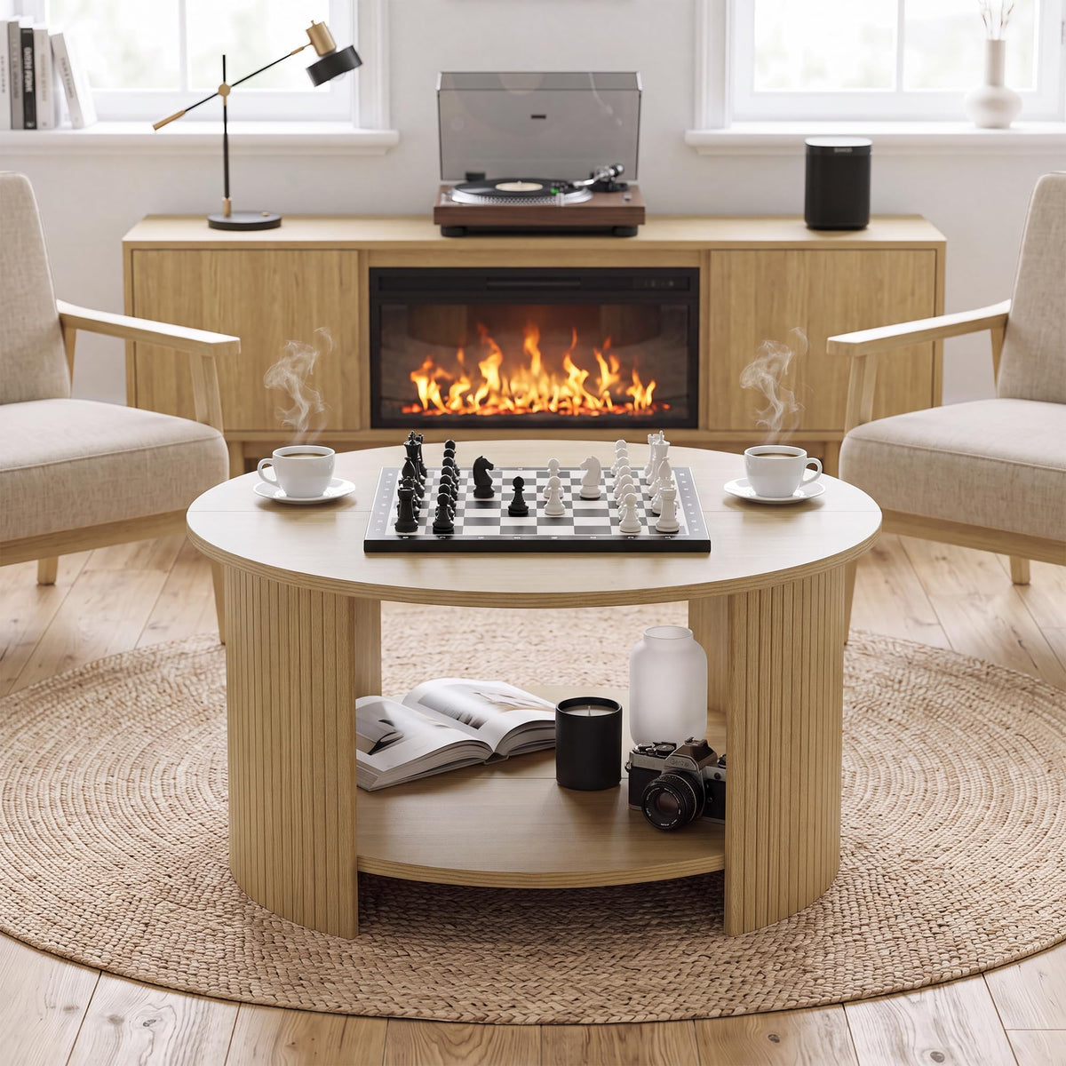 31.5" Round Wood Coffee Table with Storage X356