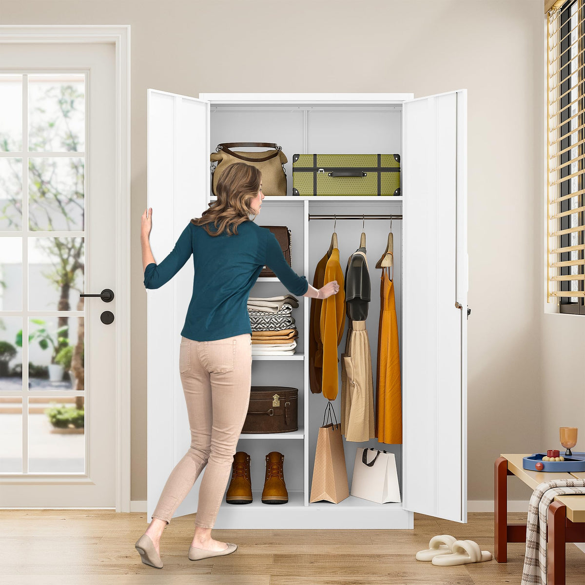 White Metal Storage Cabinet with Hanging Rod and Lock W329786