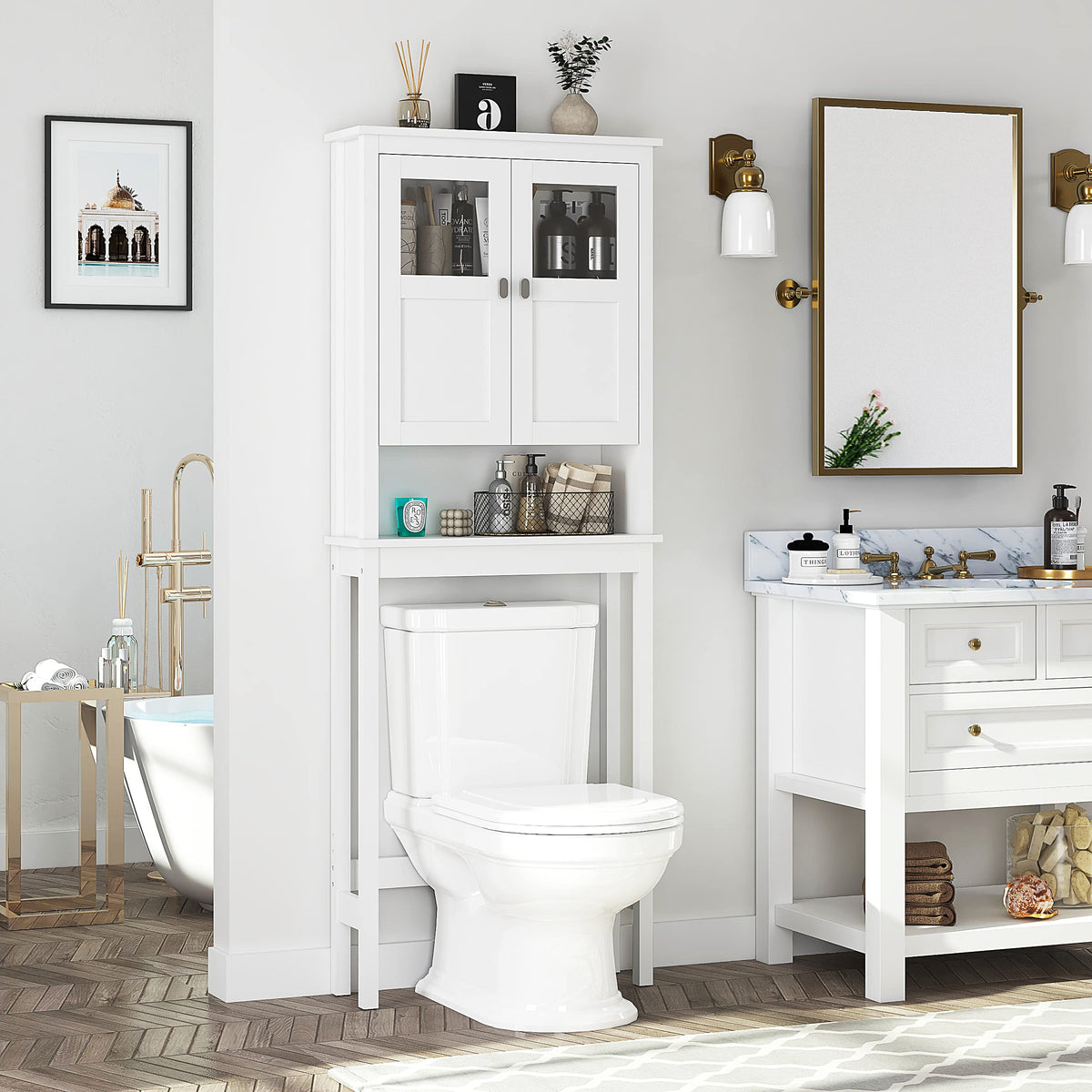 White Over the Toilet Storage Cabinet with Glass Doors G455460