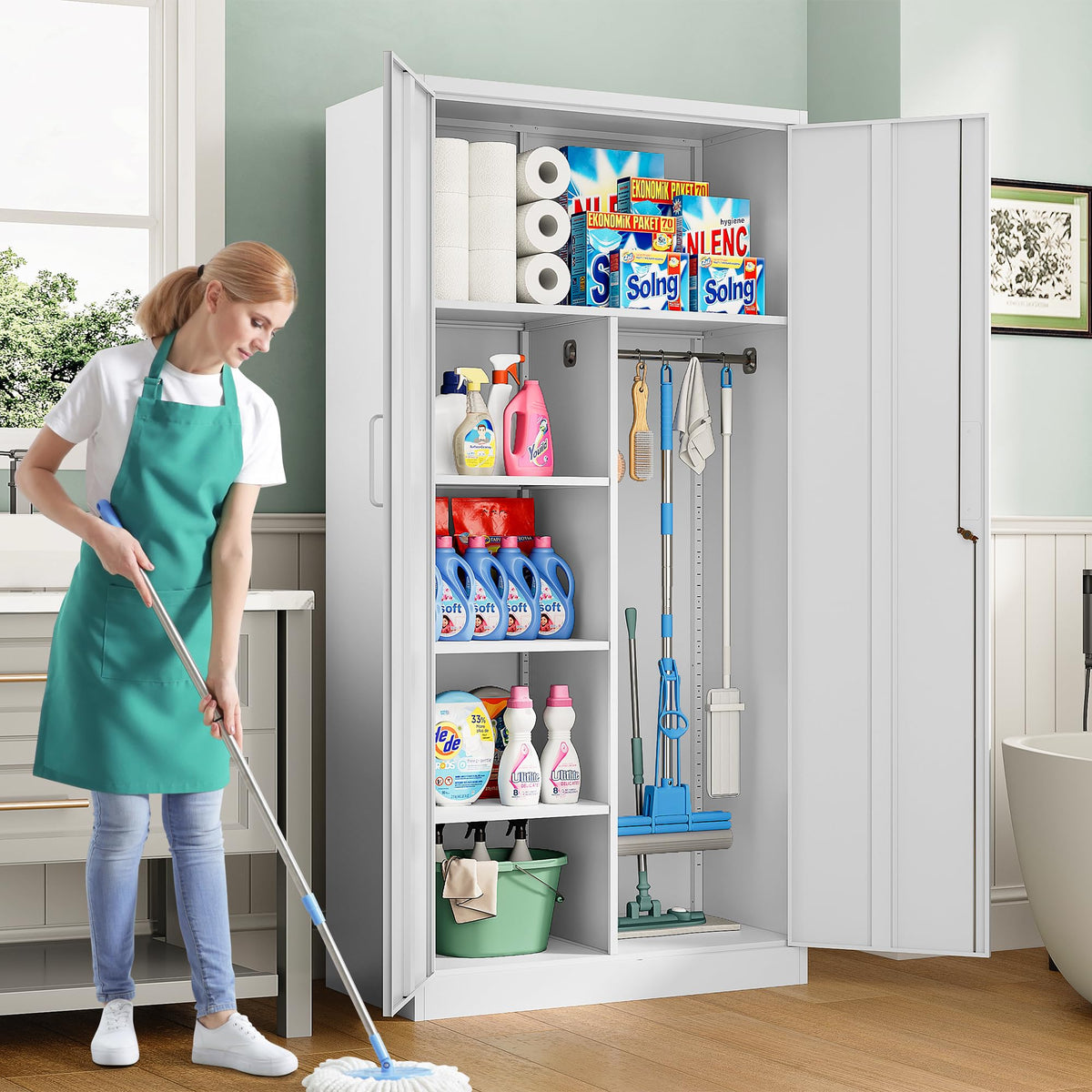 White Metal Storage Cabinet with Hanging Rod and Lock W329786