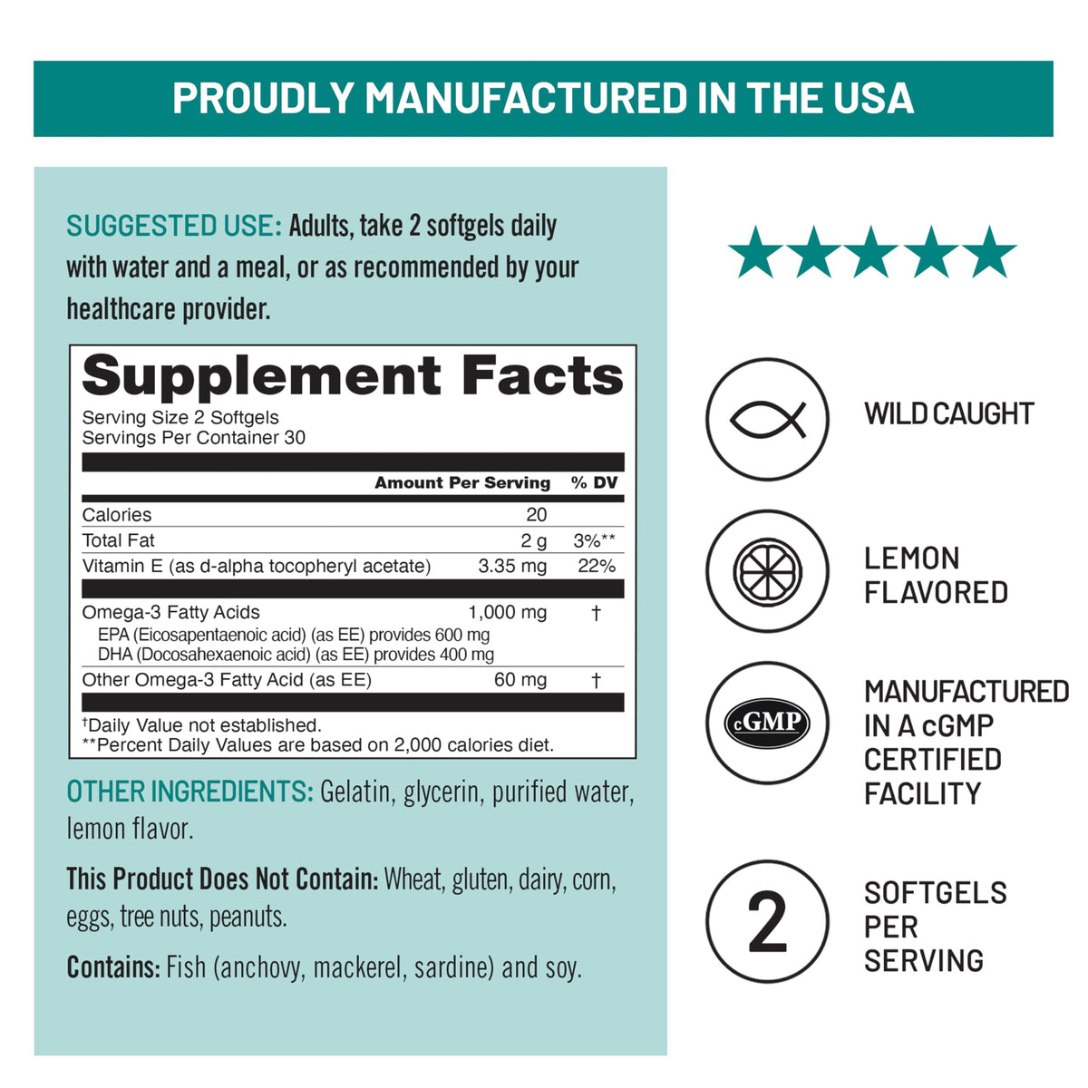 Omega 3 Fish Oil Supplement 1000mg 600 EPA 400 DHA Lemon Flavor 60 Softgels M792