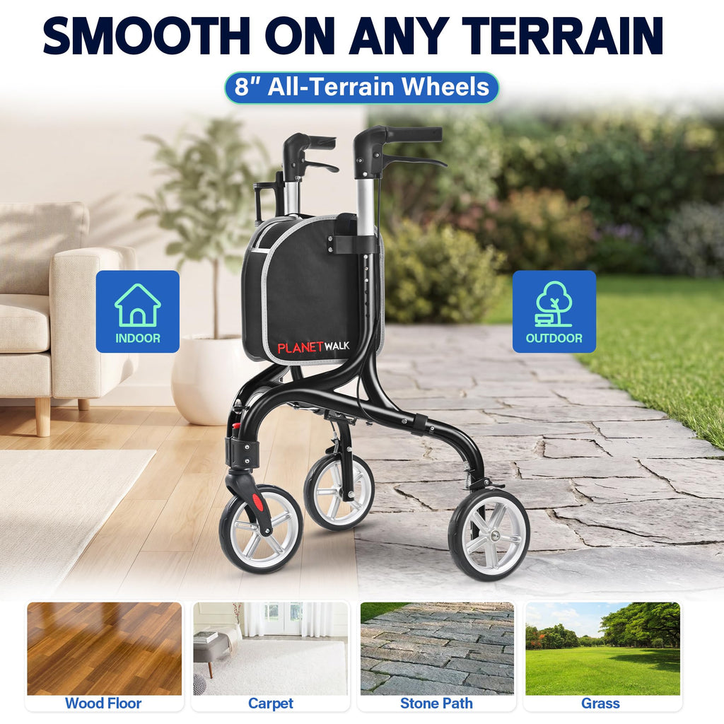 Super Lightweight 3 Wheel Foldable Aluminum Walker with Cup Holder, Black U995123