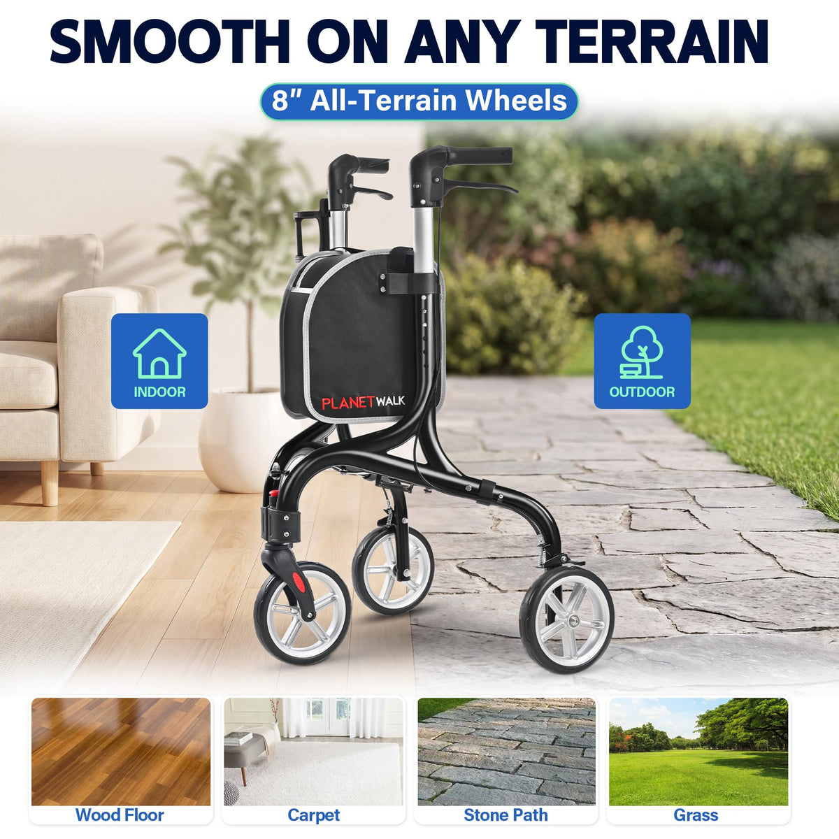 Super Lightweight 3 Wheel Foldable Aluminum Walker with Cup Holder, Black U995123