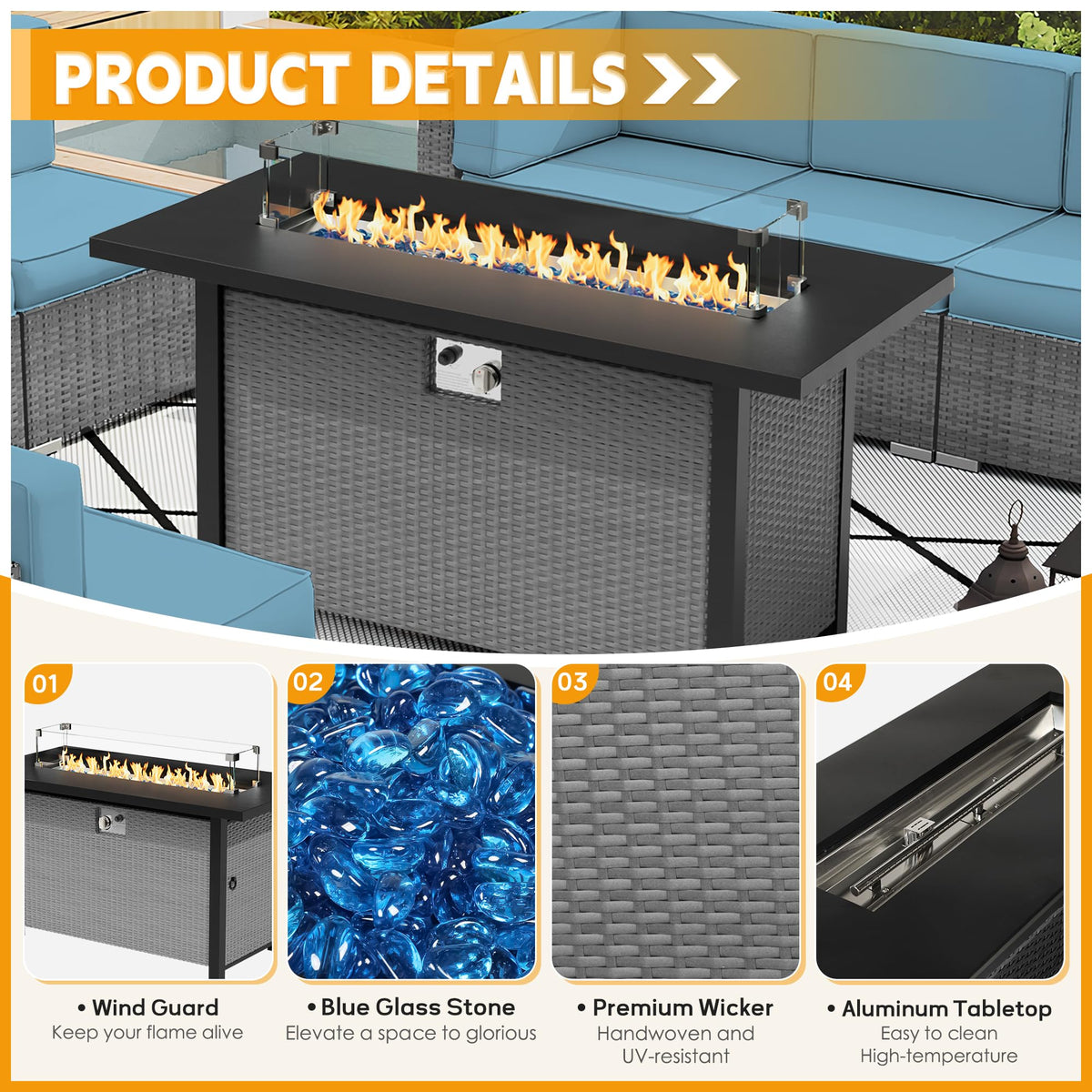 8 Piece Grey PE Wicker Patio Sectional Sofa Set with Fire Pit Table U726281