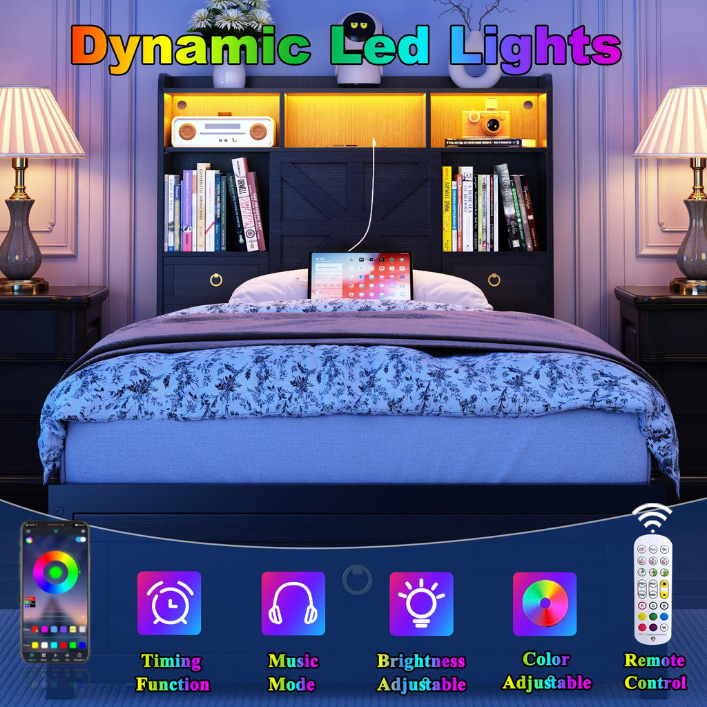 Black Twin Bed Frame with Storage Headboard and Drawers C520