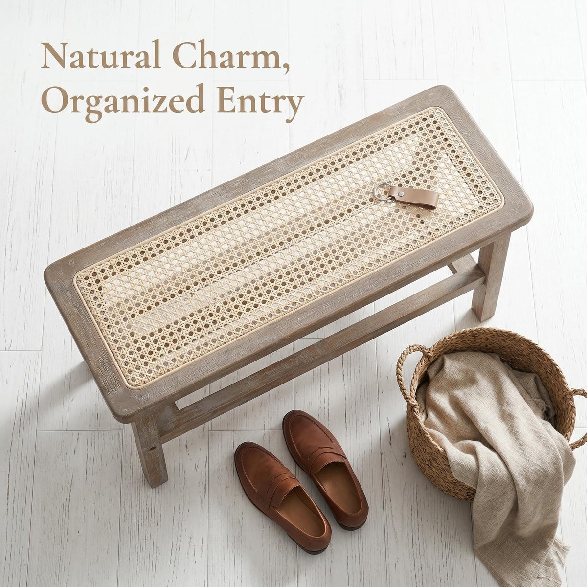 30 Inch Rattan Wooden Entryway Bench with Shoe Rack G227
