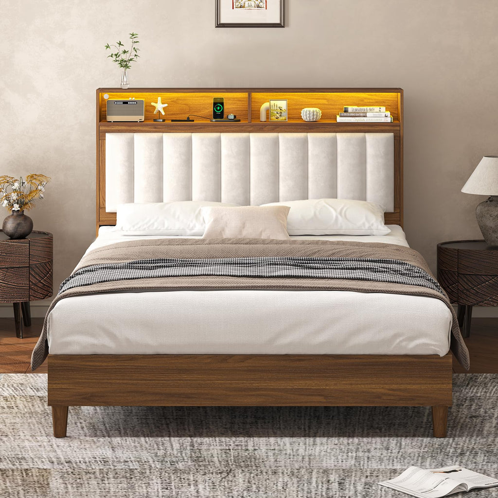 Wood Full Size Bed Frame with Charging Station & LED Lights T83722