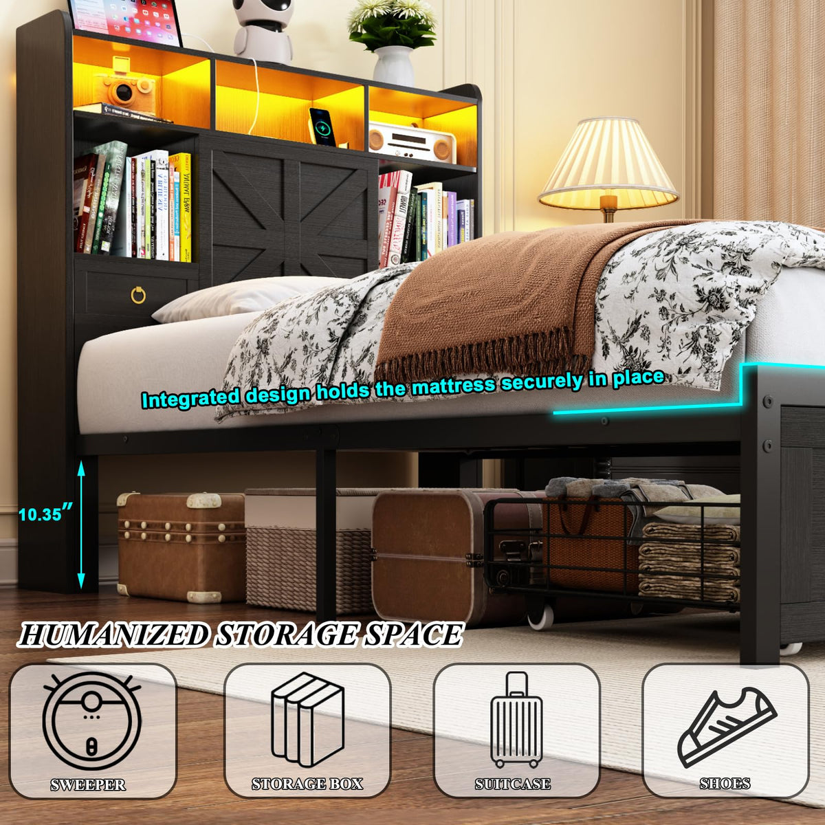 Black Twin Bed Frame with Storage Headboard and Drawers C520
