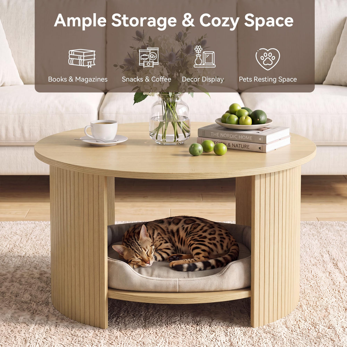 31.5" Round Wood Coffee Table with Storage X356