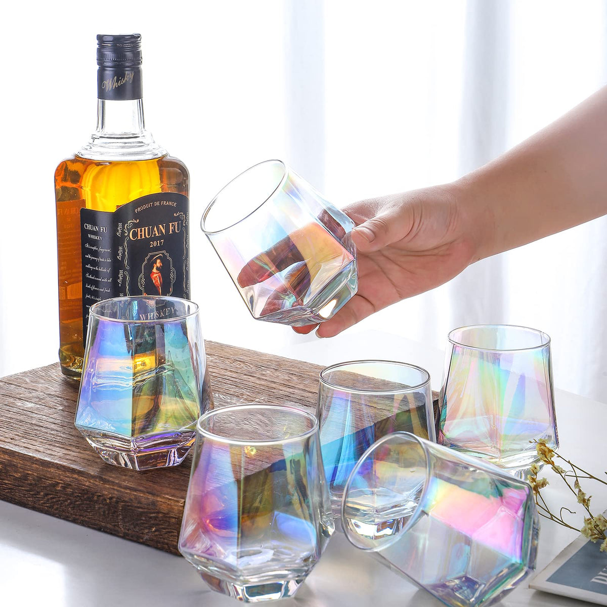 Stemless Wine Glasses Set of 6, 10 Oz Iridescent Diamond Shaped Glassware S285553