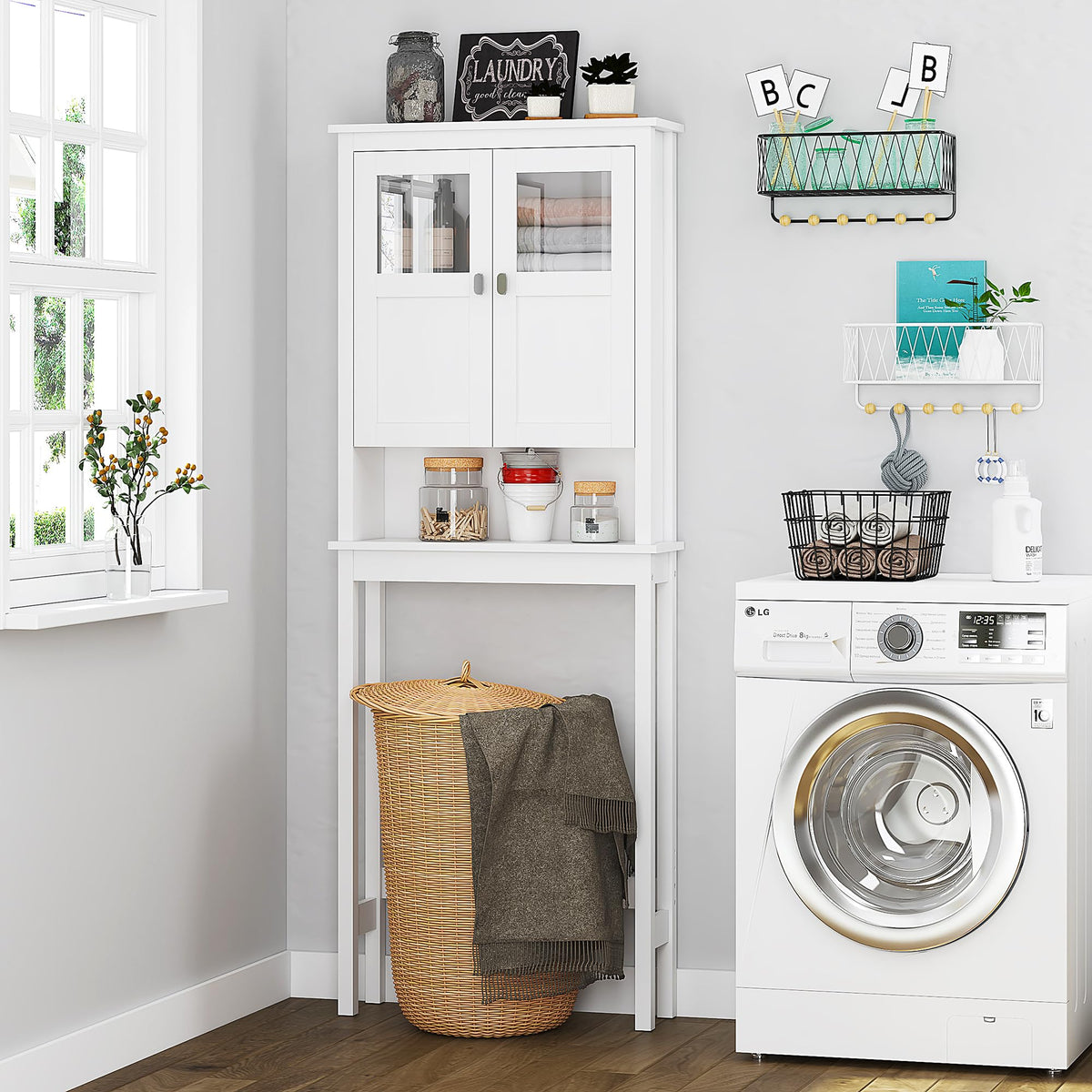 White Over the Toilet Storage Cabinet with Glass Doors G455460