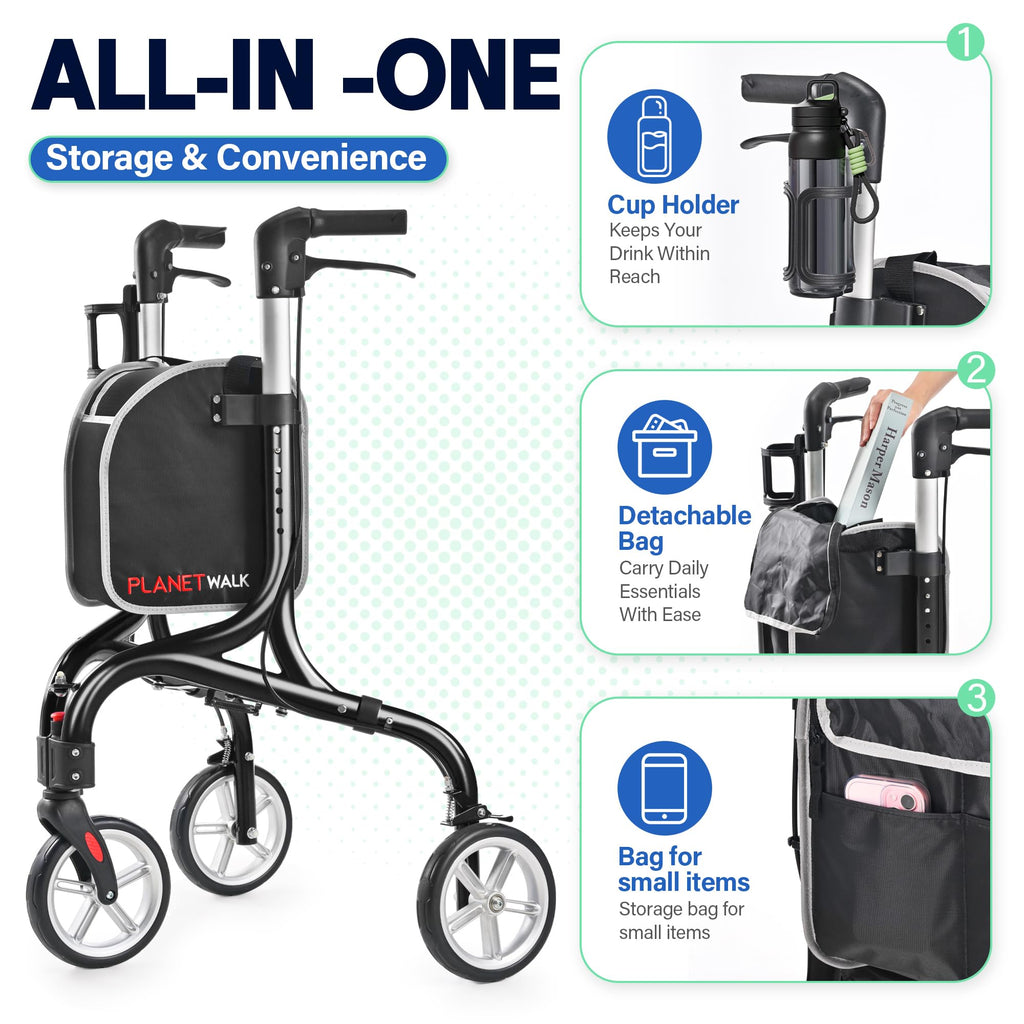 Super Lightweight 3 Wheel Foldable Aluminum Walker with Cup Holder, Black U995123