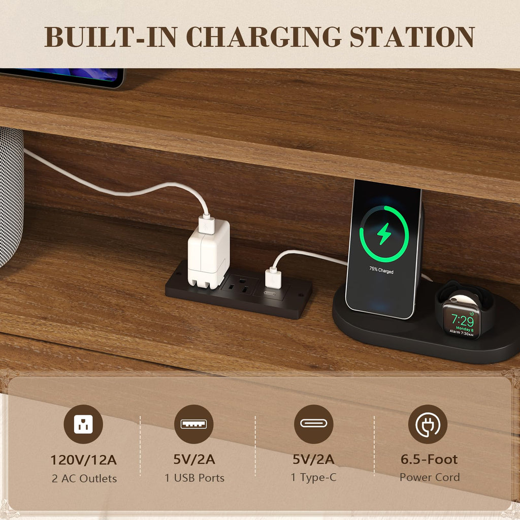Wood Full Size Bed Frame with Charging Station & LED Lights T83722