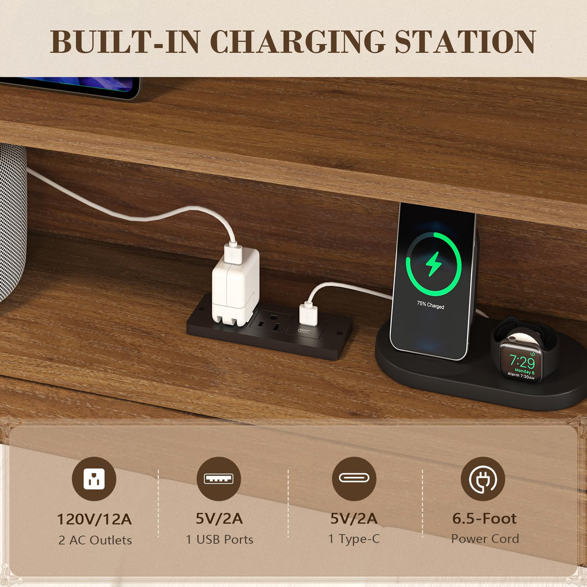 Wood Full Size Bed Frame with Charging Station & LED Lights T83722
